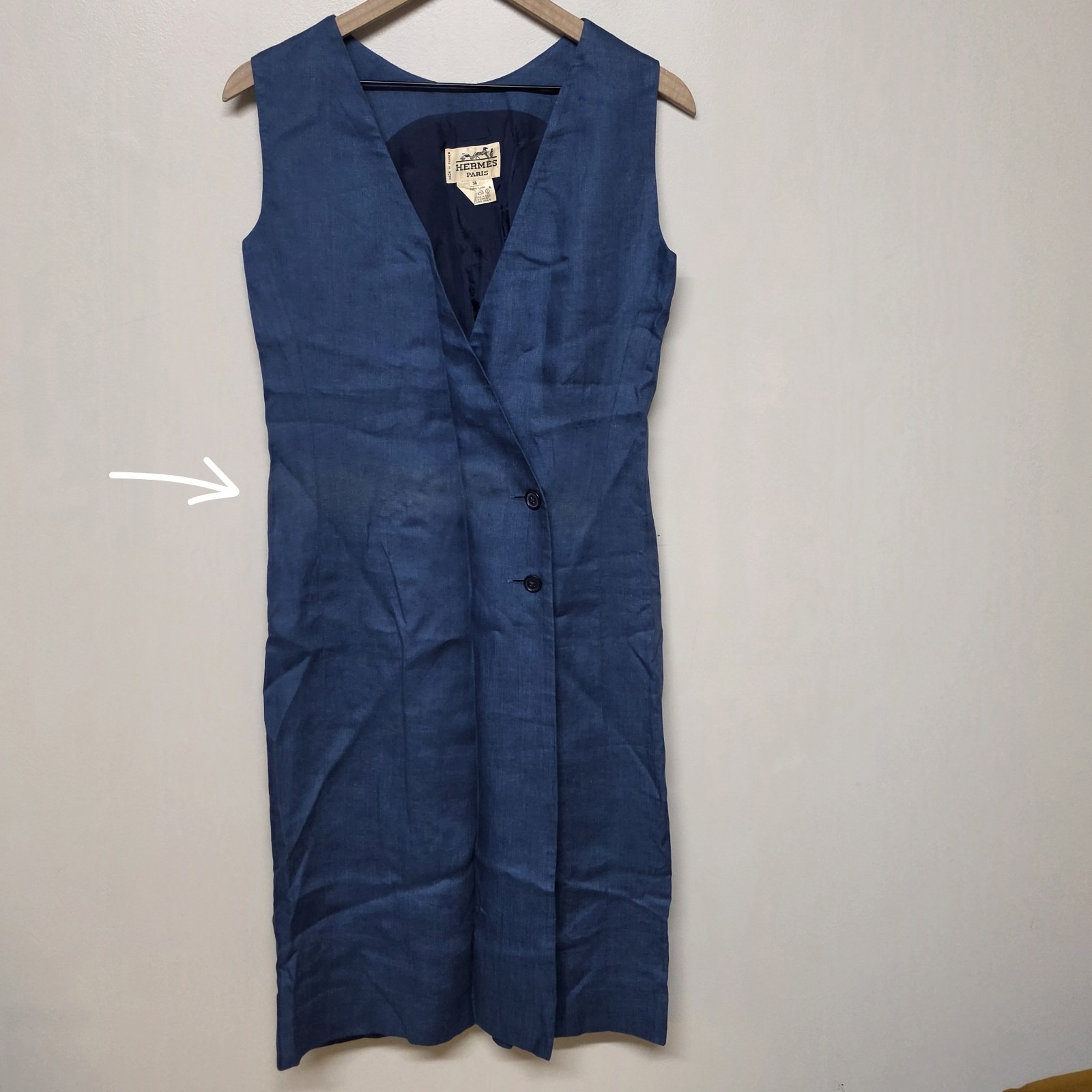 Vtg Herms Paris Blue Linen Sleeveless Wrap Dress Size 38 Luxury Designer Midi